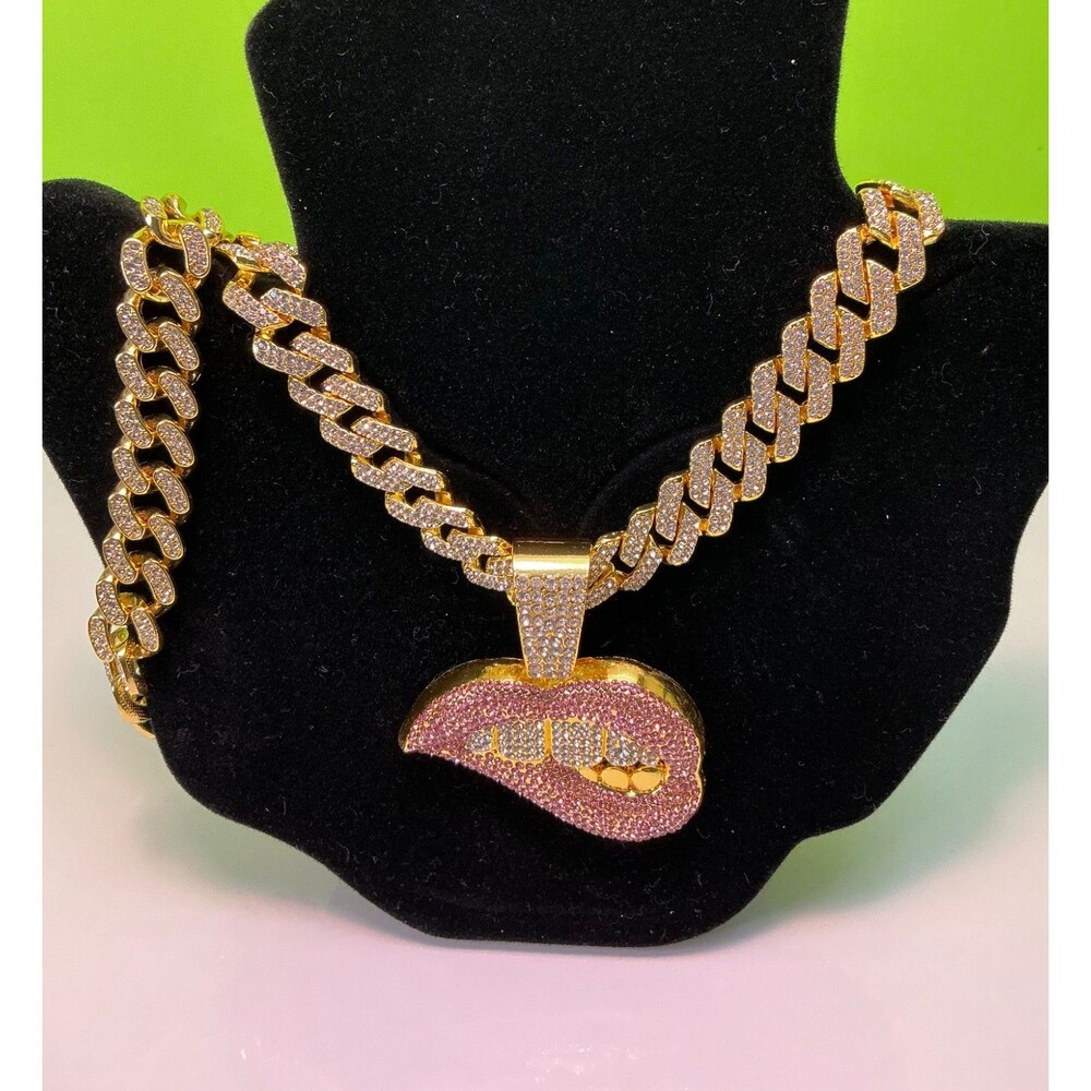 Biting Lip Pendant Necklace Bracelet Lot Hip Hop Iced 20” Inches CZ Chain Cuban